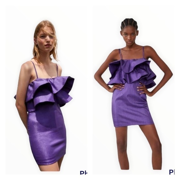 ZARA Blogger Favorite Metallic Purple Ruffle Mini Dress Size XS Party Flirty - Picture 2 of 12